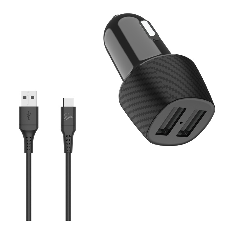 מטען לרכב 15W עם 2 יציאות USB-A וכבל USB-C מובנה Essentials