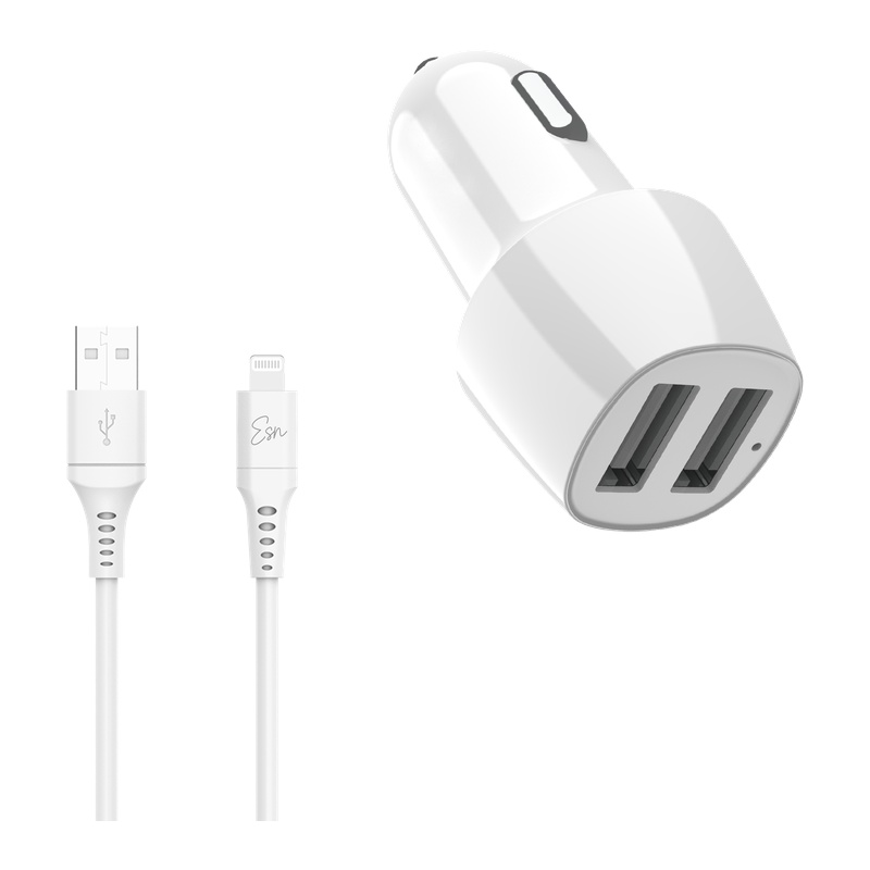 מטען לרכב 15W עם 2 יציאות USB-A וכבל Lightning – Essentials
