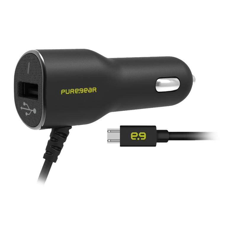 מטען רכב עם כבל Micro USB מובנה ויציאת USB-A מבית PureGear
